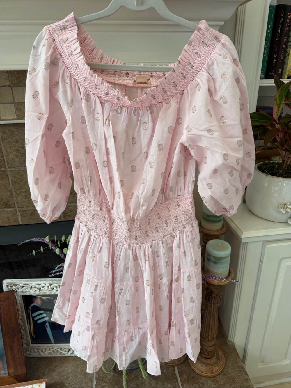 Shoshanna midsummer mini dress pink bronze metallic dot smocked L